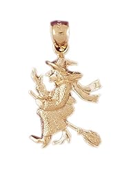 14K Yellow Gold Witch On Broom Pendant