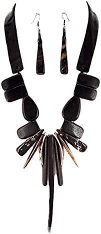 Art Deco Necklace Earrings Set BZ Steam Punk Black Wood Leatherette Shell Hematite