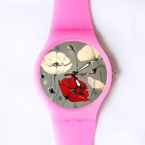 Gifts for girls or ladies 100% Plastic Quartz Watch Gifts Watch Beautiful White and Red Poppy Flower Art Classic Photo Watch