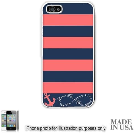 Anchor Live the Life You Love Infinity Quote - Navy Coral Nautical Stripped with Anchor iPhone 5 5S Case - WHITE RUBBER by Unique Design Gifts [MADE IN USA]
