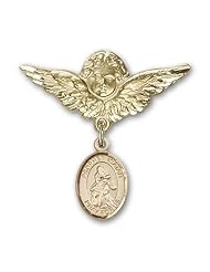 14K Gold Baby Badge with St. Isaiah Charm and Angel with Wings Badge Pin
