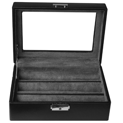 Ring Earring Cufflinks Box Storage Case Leather Black Lucite Window