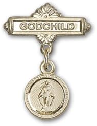 14kt Gold Baby Badge with Miraculous Charm and Godchild Badge Pin