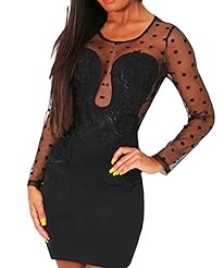 Sexy Long Sleeves Mesh Polka Dot Print Round Neck Bodycon Dress/Club Dress/Party Dress/Mini Dress 