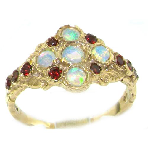 Luxury 9K Yellow Gold Opal & Garnet English Cluster Ring - Finger Sizes 5 to 12 Available