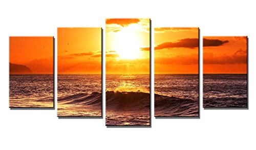 Wieco Art - The Morning Sea 5 Panels Modern Stretched and Framed Giclee Canvas Prints Artwork Ocean Seascape Pictures Photo Paintings on Canvas Wall Art for Home Office Decorations 5pcs/set
