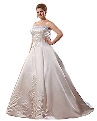 Plus Size A-line Strapless Floor Length Natural   Waistline Satin Embroidered Lace-Up  Dress