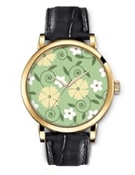 SPRAWL Aanalog Fashion Series Gold Ladies Watches of Genuine Black Leather Strap,Unique Wrist Watch for Women Girls Designed with Yellow and white flowers