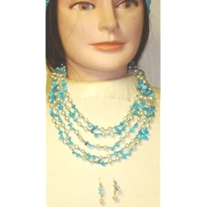 Click here to buy Four Strand Ivory Small Pearls Turquoise Blue Beads Medium Chain Necklace Earrings by Gita.
