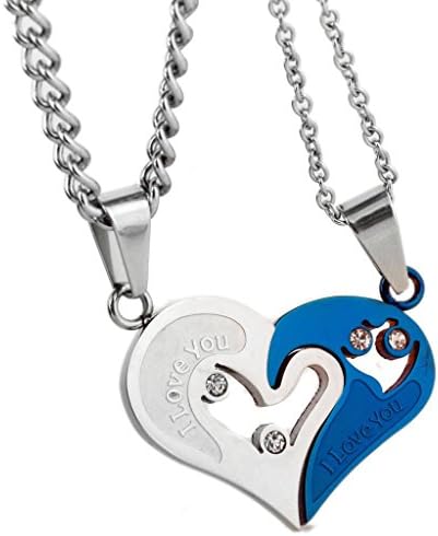 FR Stainless Steel Heart Puzzle Pieces Pendants Couples I Love You Necklace(blue)