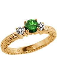 0.75 Ct Round Green and White Diamond 18K Yellow Gold 3-Stone Ring