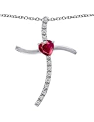 CandyGem 925 Sterling Silver Created Heart Shape Ruby Cross Pendant