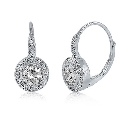 Sterling Silver Earrings Round Cubic Zirconia CZ Leverback Dangle Earrings - For Valentines Day Gift