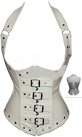 Women's Faux Leather Steel Boned Buckles Shoulder Straps Underbust Corset (Large, White)