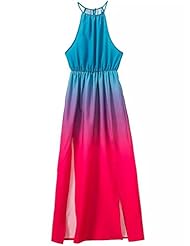 Slit Colorblocking Halter Off the Shoulder General Print  Dress