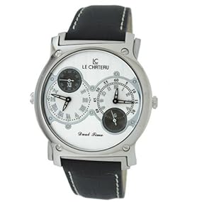 Le Chateau Men's Dual Time Zone Elegant Leather Band Watch Model LC-SS335-7 (Silver Dial/Black Band)