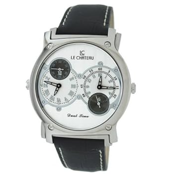 Le Chateau Men's Dual Time Zone Elegant Leather Band Watch Model LC-SS335-7 (Silver Dial/Black Band)