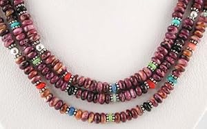 Southwestern Native American Handcrafted Purple Spiny Oyster Three Strand Bead Necklace with Sterling Silver, #10374