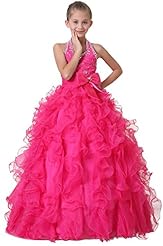 Girls Halter Organza Lace  Backless  Beaded Full Length Corset   Waistline   Ball Gown Pageant Dress/Party Dress  With a Bow(s) and Ruffles