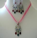 Dainty Sleek Feminine Pink Multi Strands Necklace Set w/ Multi Crystals Dangling Pendant (BRAND NEW)