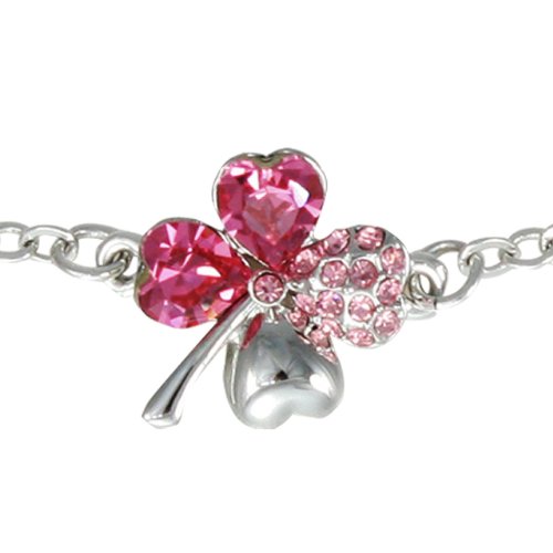 18k Gold Plated Swarovski Crystal Heart Shaped Four Leaf Clover Chain Bracelet - Pink Sapphire