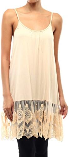 Solid Lovely Scalloped Eyelash Lace Trim Crop Top Dress Extender Cami Tank Top (L, Natural)