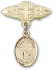 14K Gold Baby Badge with St. Susanna Charm and Badge Pin with Cross