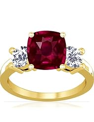 18K Yellow Gold Cushion Cut Ruby Three Stone Ring