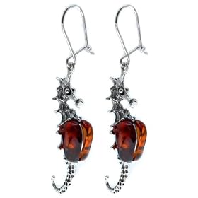 Certified Genuine Honey Amber and Sterling Silver Seahorse Earrings