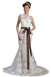 Mermaid Applique Lace Beaded Halter  Dress with a Chapel Train 