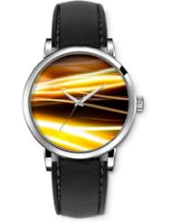 SPRAWL Aanalog Fashion Series Silver Ladies Watches of Genuine Black Leather Strap,Unique Wrist Watch for Women Girls Designed with Golden Lines disordered