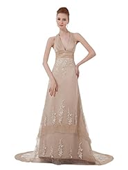 A-line Tulle Applique Lace Halter Natural   Waistline Floor Length Prom Dress  with a Brush/Sweep Train 