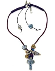 Otazu Black, Brown, and Blue Swarovsky Crystal Cross Leather Necklace with Toggle Clasp in Base