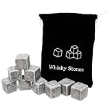Whisky Stones Set of 9 Rounded Soapstone and Bag - These Smooth Square Rocks are Used to Replace Ice Cubes in Glasses - Chill Drinks Beverages Spirits Scotch - Includes Carrying Pouch - Great Gift for Man or Woman - Last Forever