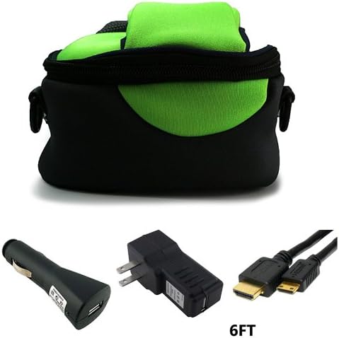 Green - Black Carry On Neoprene Padded Sleeve Pouch Bag Case with Internal Mesh Pocket and Removable Shoulder Strap for COBY SNAPP Mini CamCorder CAM3001 CAM3002 SNAPP Swivel Camcorder CAM4000 CAM4002 SNAPP Pocket Camcorder CAM4505 SNAPP HD Camcorder CAM5001 CAM5002 Flip Video Mino and Flip Video Ultra Digital Camcorder + Includes a Mini HDMI to HDMI Cable Gold 6 FT + a Travel USB Home Charger + a Car USB Charger