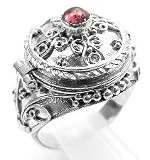 Large Sterling Silver Gothic Cross Poison Box Locket with Genuine Garnet Ring (Size 5,6,7,9)