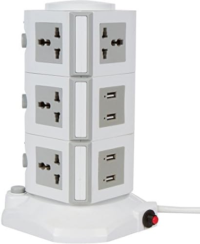 10 Outlet Universal White Tower Surge Protector With 4 USB Ports - For Travel, Home, Office, Shop, iPhone, iPad &amp; Android With Built In Fuse &amp; Separate On/Off Switches, 8.5 Feet Power Cord - LB Goods