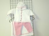 Cpk673bk, Knitted on Hand Knitting Machine Bleached White Cardigan Sweater, Hat Trimmed By Hand Crochet with Fushia Cotton, Fushia Cotton and Blanket for Newborns and Infants