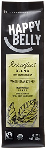 Happy Belly Breakfast Blend Organic Fairtrade Coffee, Medium Roast, Whole Bean, 12 ounce