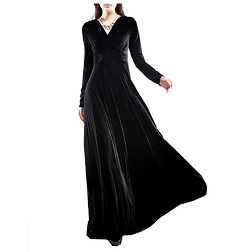 QINGYUAN Women Long Sleeve V-neck Velvet Stretchy Maxi Dress