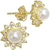 Solid 14KT Gold FANCY Cubic Zirconia Pearl Earrings