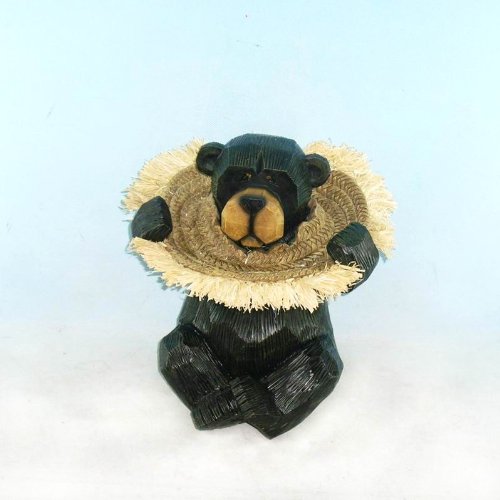 Black Bear with Straw Hat Lawn Garden Statue