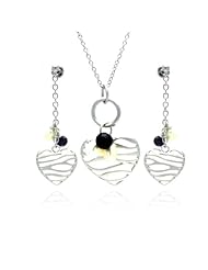 Nickel Free Sterling Silver Pendant & Earring Sets Matte Finish Heart With Hanging Pearl Set