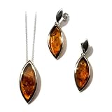 .925 Sterling Silver and Top Quality Certified Honey Amber Marquise-shaped Pendant on Italian Sterling Silver Rolo Chain 18" + Earrings Jewelry Set