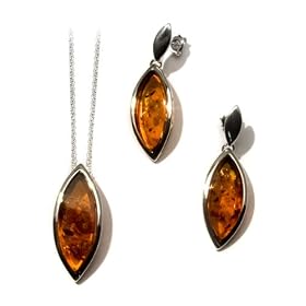 .925 Sterling Silver and Top Quality Certified Honey Amber Marquise-shaped Pendant on Italian Sterling Silver Rolo Chain 18" + Earrings Jewelry Set