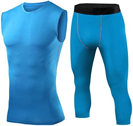 Men's Boys Compression Sleeveless Top Legging 3/4 Pants Under Base layer Sets