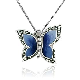 Sterling Silver Marcasite and Blue Epoxy Butterfly Pendant, 18 by