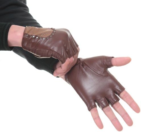 Cyrilus Men's Motorcycle Lampskin Fingerless Rivets Leather Gloves Police Style CYM520 (M, Brown)