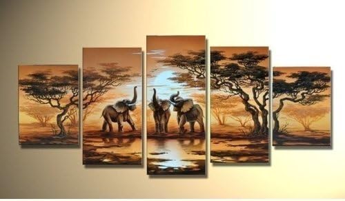 art painting Modern Canvas Wall Art Decor African Forest Lake Elephant Home Decoration Landscape Oil Paintings on Canvas 5pcs/set