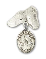Sterling Silver Baby Badge with St. Finnian of Clonard Charm and Baby Boots Pin